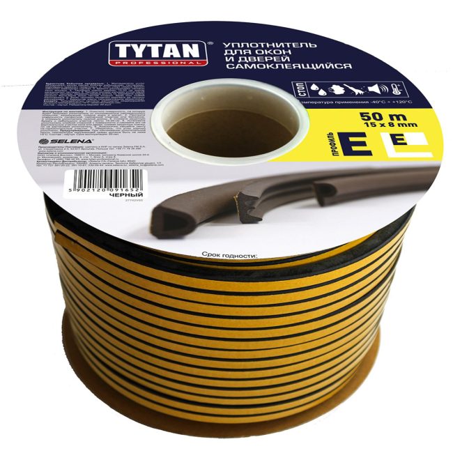 Уплотнитель для окон TYTAN Professional E 50м x 15мм x 8мм черный 91652